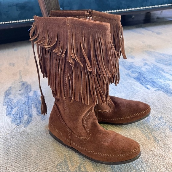 MINNETONKA FRINGE BOOTS ADJUSTABLE LACES ZIPPER BROWN SIZE 7 HANDMADE - Picture 2 of 10